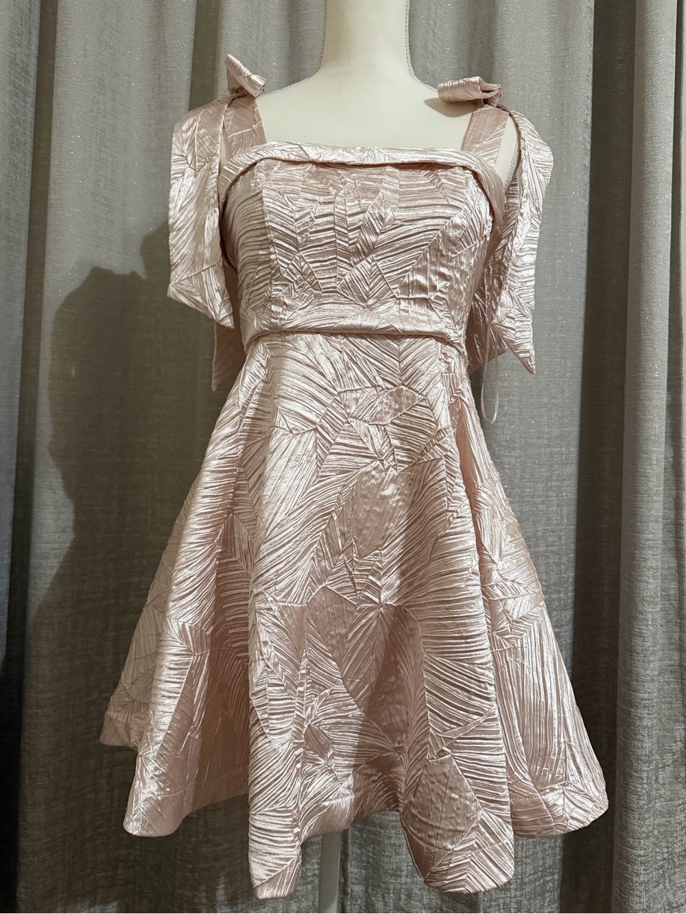 Elegant Pink Textured A-Line Dress with Bow Straps